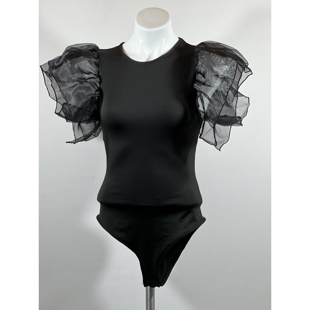 Women's Black Bodysuit‎ Ruffle Trim Sleeves Stretch Size M